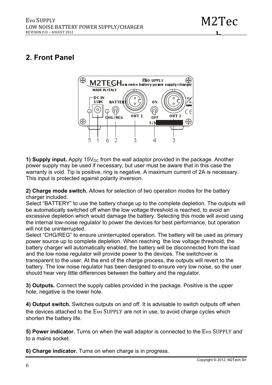M2tec h, Front panel | M2TECH Evo Supply User Manual | Page 6 / 10
