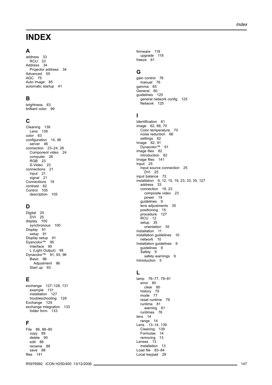 Index | Barco ICON H250/400 R9010510 User Manual | Page 153 / 154