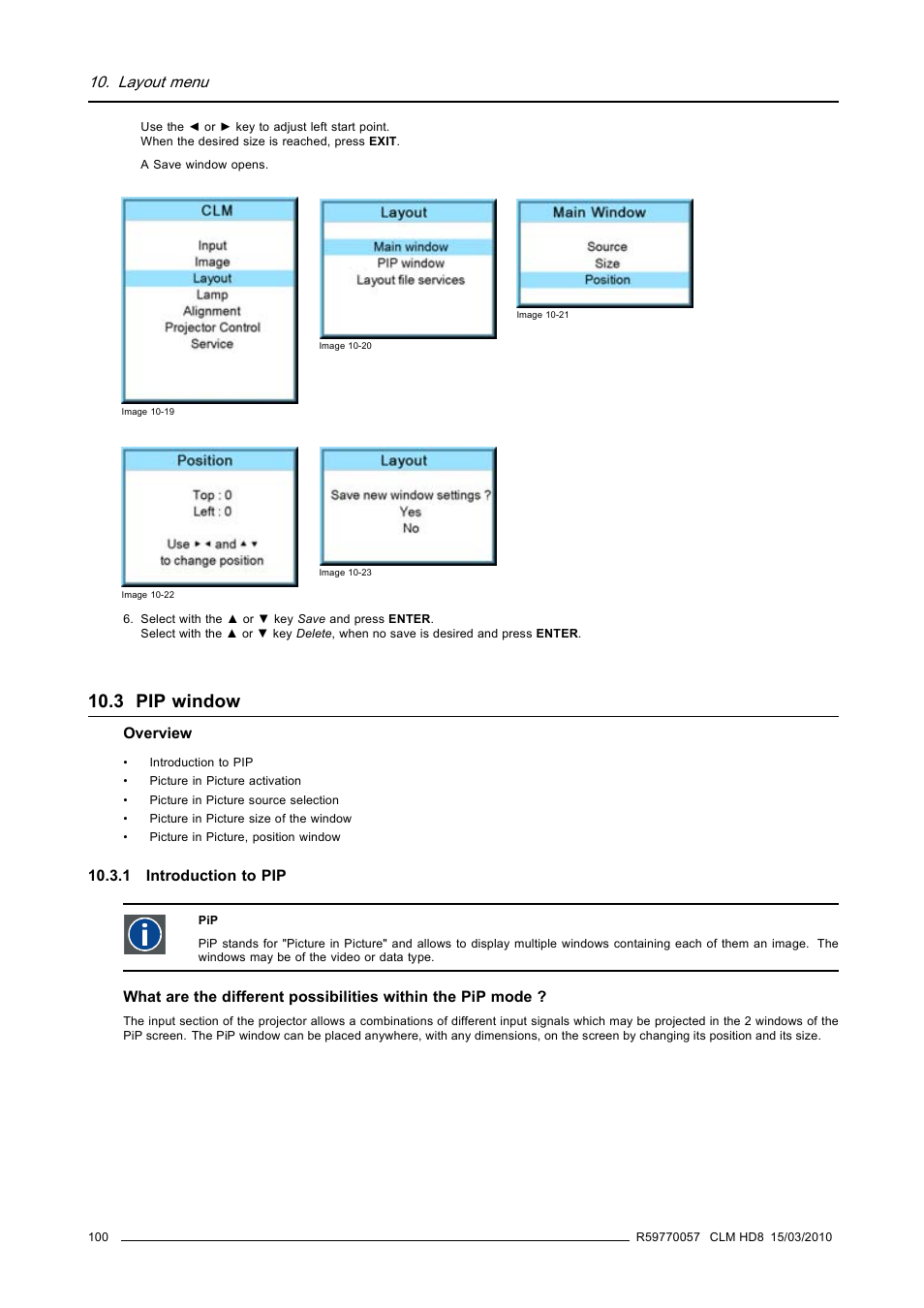 3 pip window, 1 introduction to pip, Pip window | Layout menu | Barco CLM HD8 R9050130 User Manual | Page 104 / 231