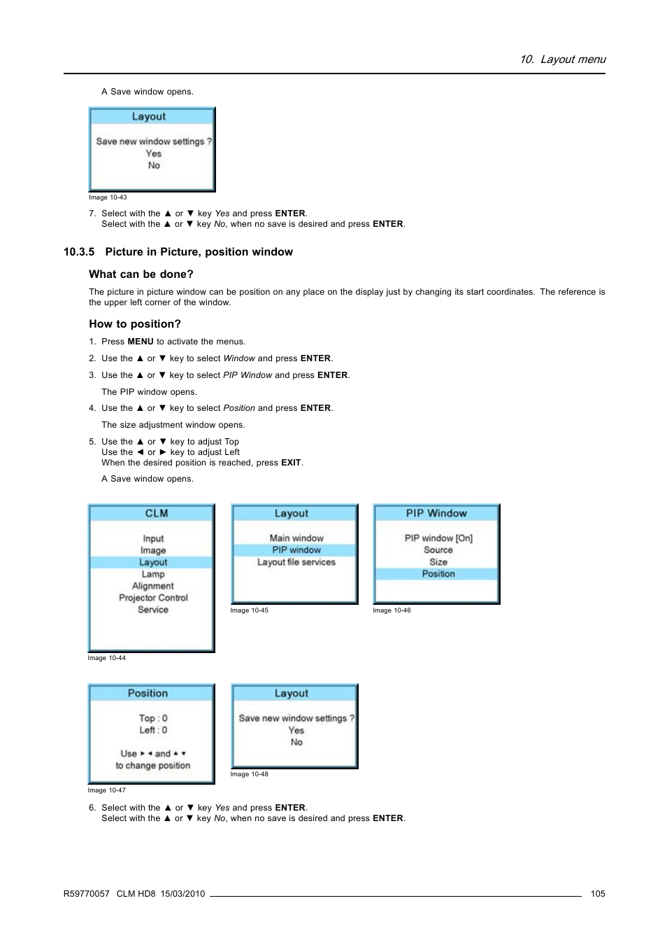 5 picture in picture, position window, Picture in picture, position window, Layout menu | Barco CLM HD8 R9050130 User Manual | Page 109 / 231