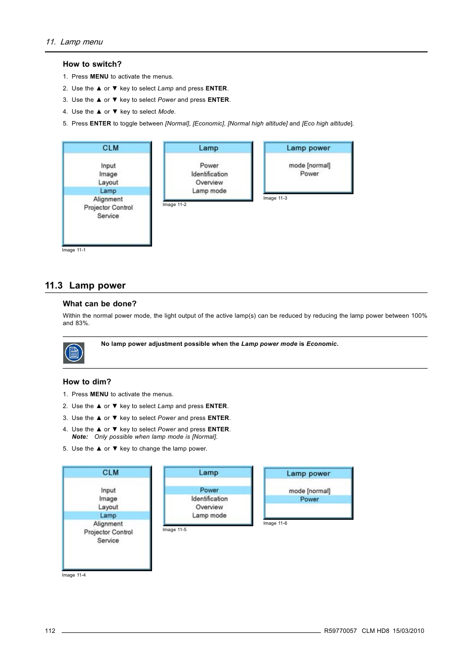3 lamp power, Lamp power, Lamp menu | Barco CLM HD8 R9050130 User Manual | Page 116 / 231
