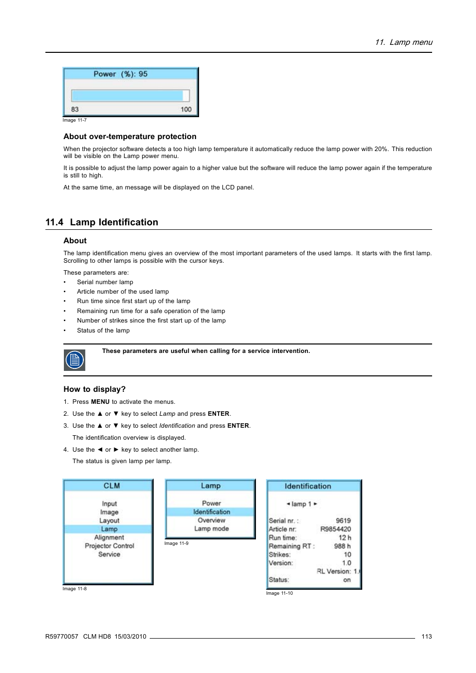 4 lamp identification, Lamp identification, Lamp menu | Barco CLM HD8 R9050130 User Manual | Page 117 / 231
