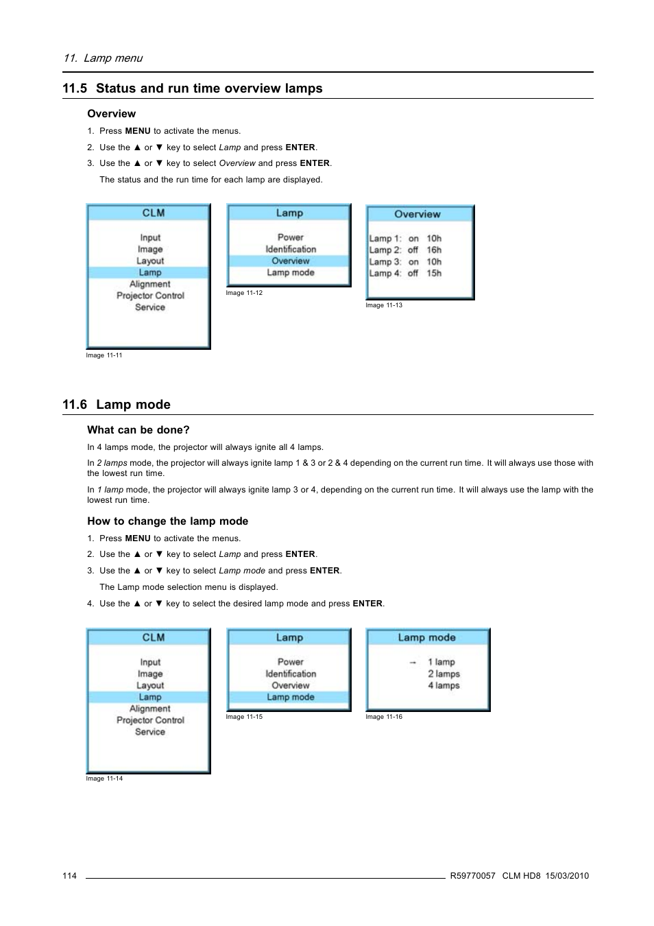 5 status and run time overview lamps, 6 lamp mode, Status and run time overview lamps | Lamp mode, Lamp menu | Barco CLM HD8 R9050130 User Manual | Page 118 / 231
