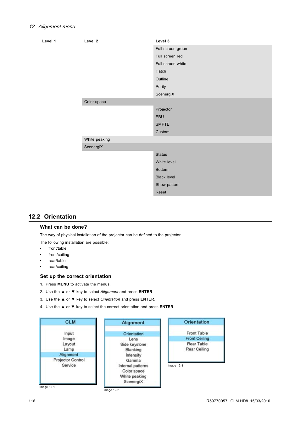 2 orientation, Orientation, Alignment menu | Barco CLM HD8 R9050130 User Manual | Page 120 / 231