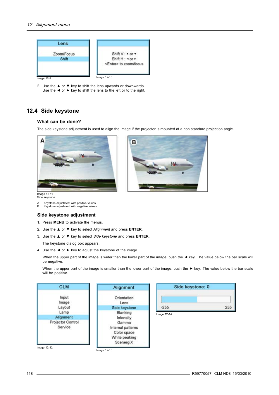 4 side keystone, Side keystone, Alignment menu | What can be done, Side keystone adjustment | Barco CLM HD8 R9050130 User Manual | Page 122 / 231