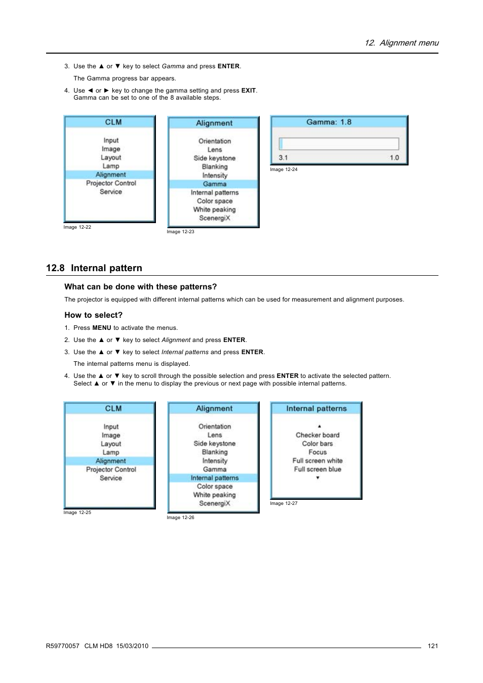 8 internal pattern, Internal pattern, Alignment menu | Barco CLM HD8 R9050130 User Manual | Page 125 / 231