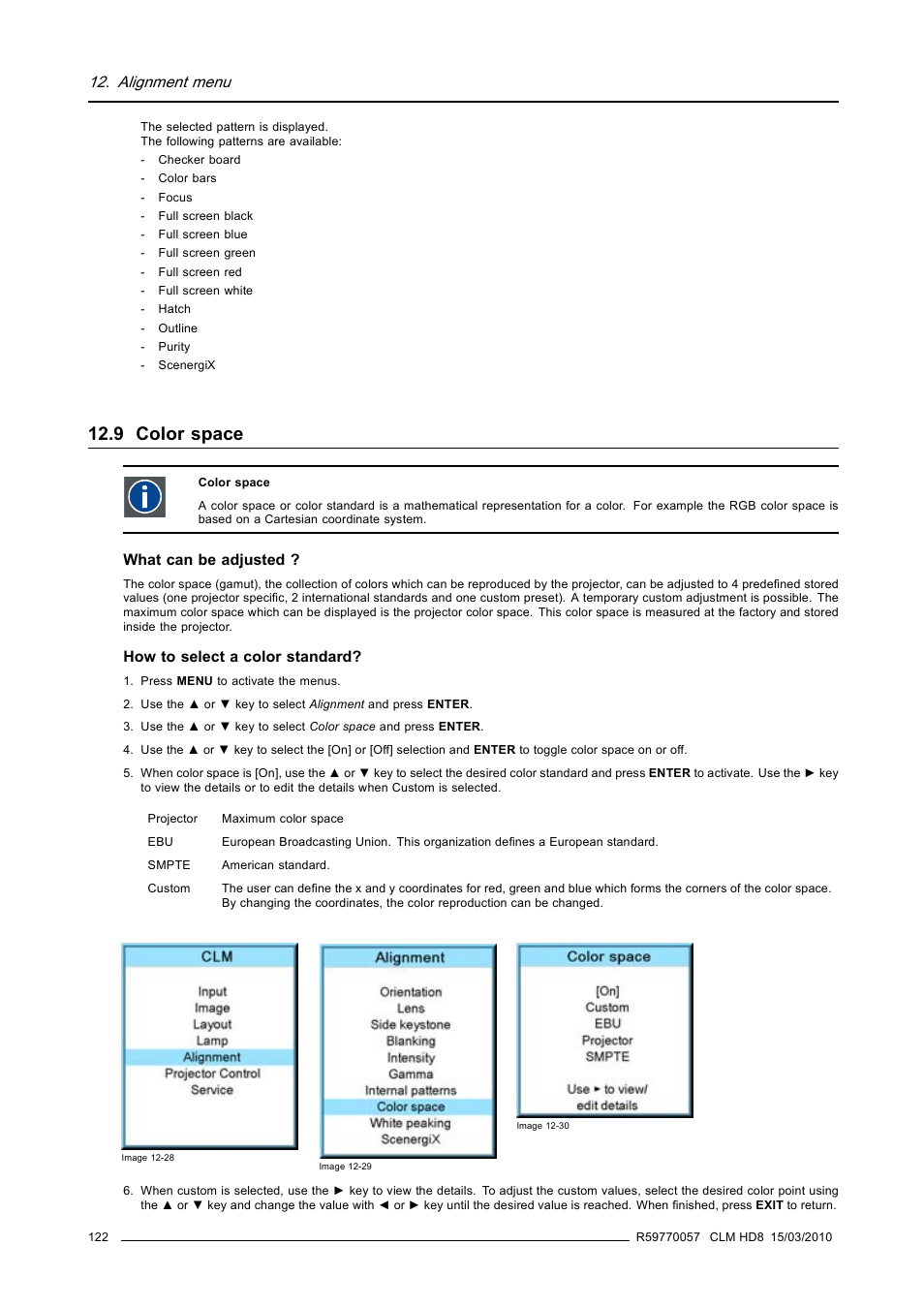 9 color space, Color space, Alignment menu | Barco CLM HD8 R9050130 User Manual | Page 126 / 231