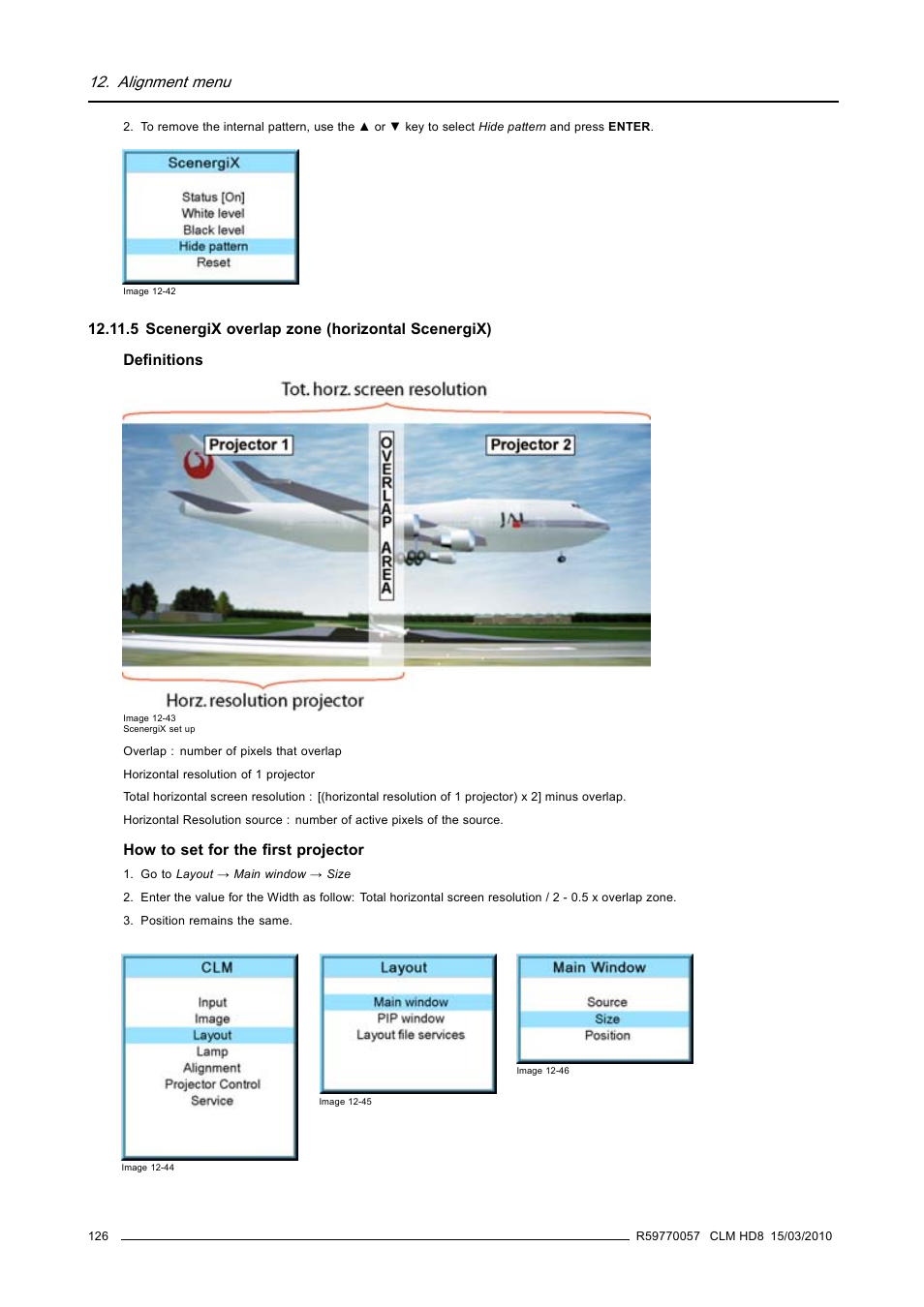 5 scenergix overlap zone (horizontal scenergix), Scenergix overlap zone (horizontal scenergix), Alignment menu | Barco CLM HD8 R9050130 User Manual | Page 130 / 231