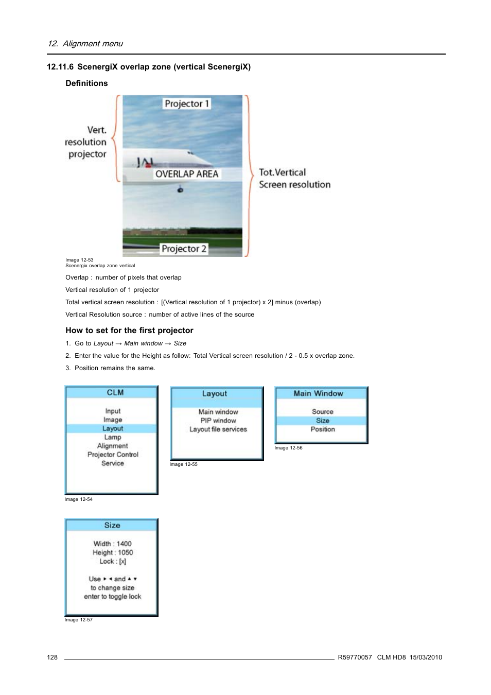 6 scenergix overlap zone (vertical scenergix), Scenergix overlap zone (vertical scenergix), Alignment menu | Barco CLM HD8 R9050130 User Manual | Page 132 / 231
