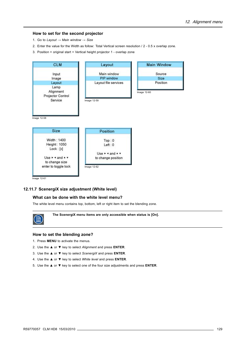 7 scenergix size adjustment (white level), Scenergix size adjustment (white level), Alignment menu | Barco CLM HD8 R9050130 User Manual | Page 133 / 231