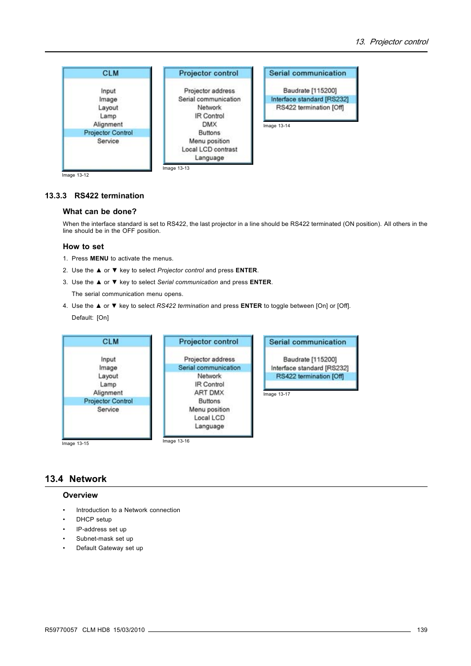 3 rs422 termination, 4 network, Network | Projector control | Barco CLM HD8 R9050130 User Manual | Page 143 / 231