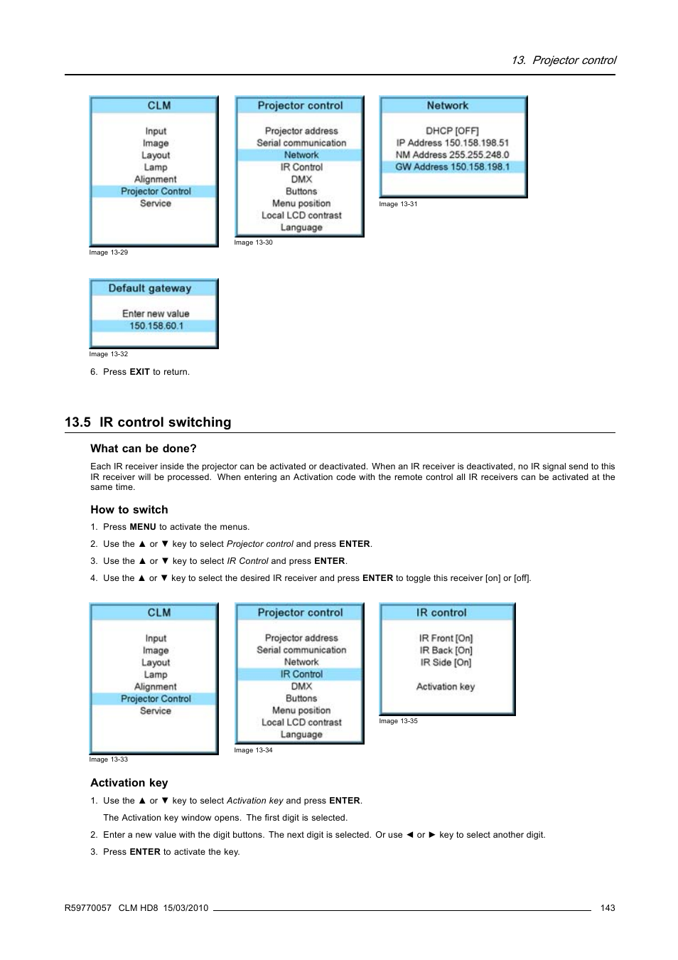 5 ir control switching, Ir control switching, Projector control | Barco CLM HD8 R9050130 User Manual | Page 147 / 231