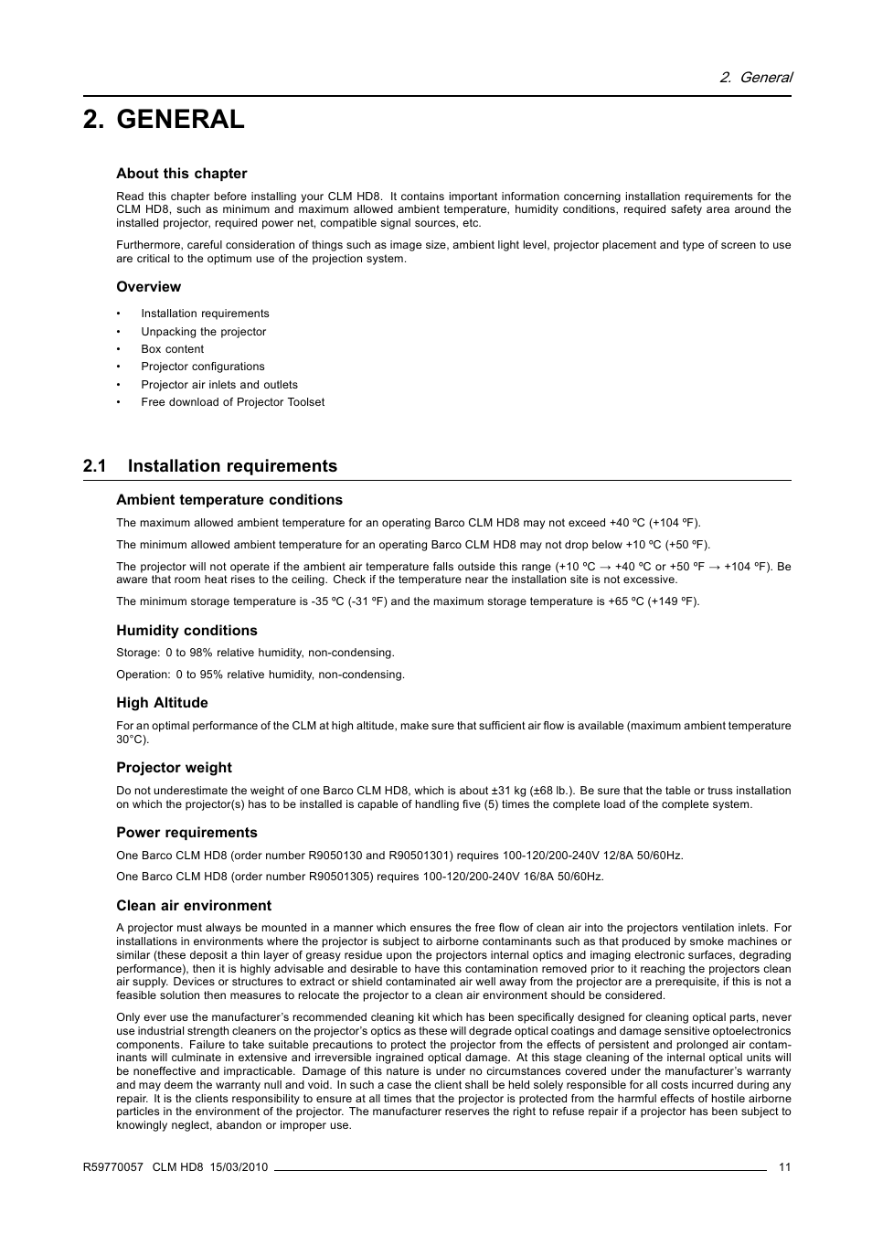 General, 1 installation requirements, Installation requirements | Barco CLM HD8 R9050130 User Manual | Page 15 / 231