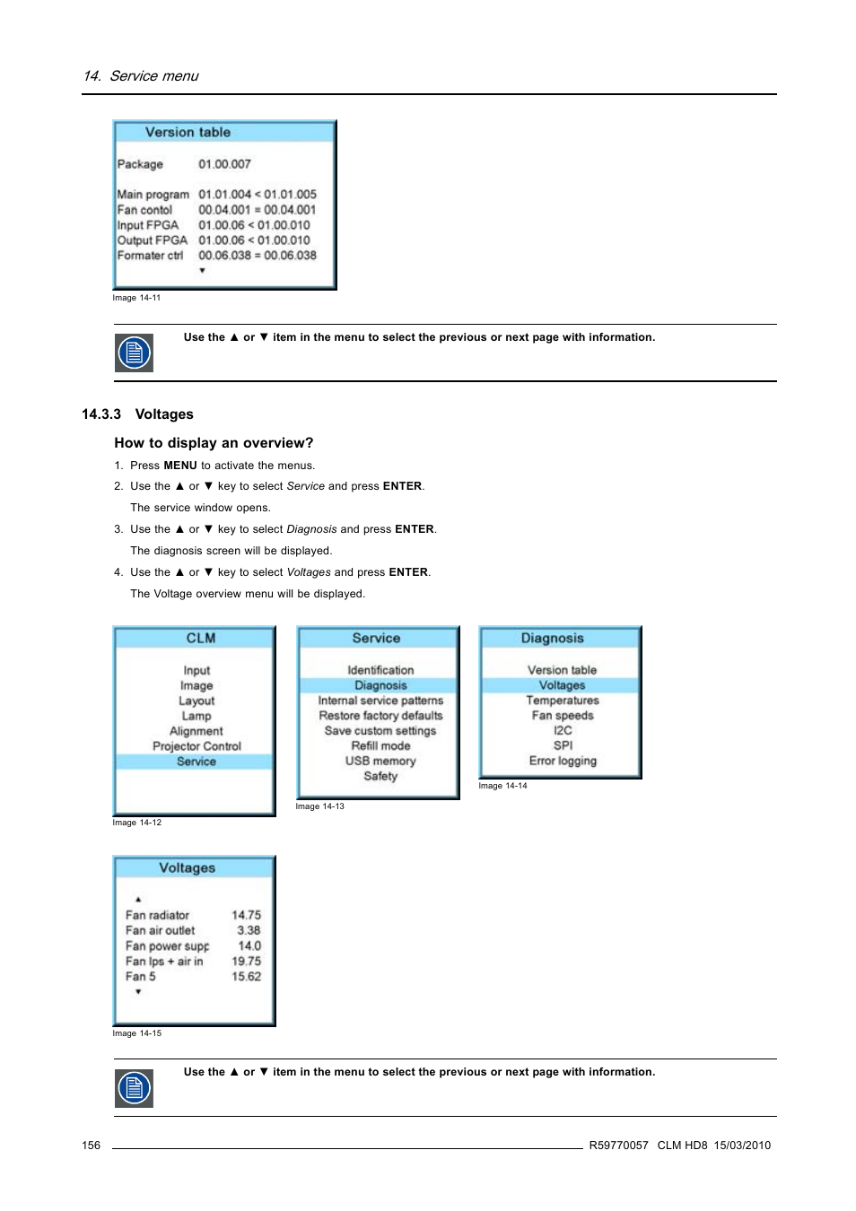 3 voltages, Service menu | Barco CLM HD8 R9050130 User Manual | Page 160 / 231