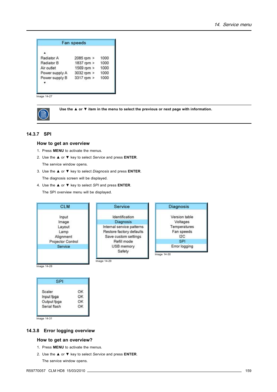 7 spi, 8 error logging overview, 7 spi 14.3.8 error logging overview | Service menu | Barco CLM HD8 R9050130 User Manual | Page 163 / 231