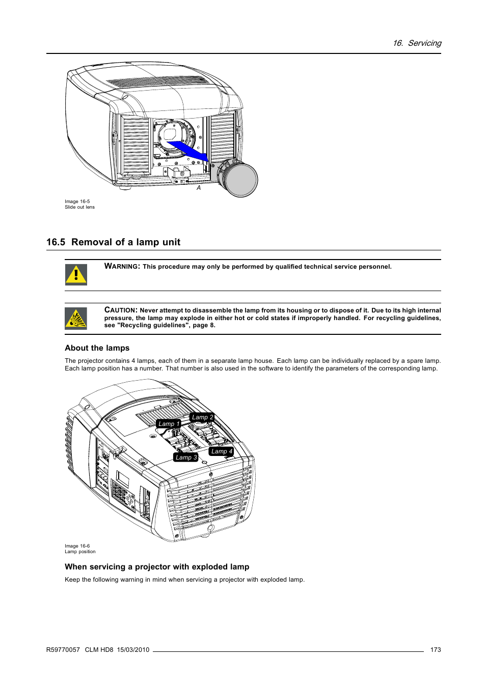 5 removal of a lamp unit, Removal of a lamp unit | Barco CLM HD8 R9050130 User Manual | Page 177 / 231