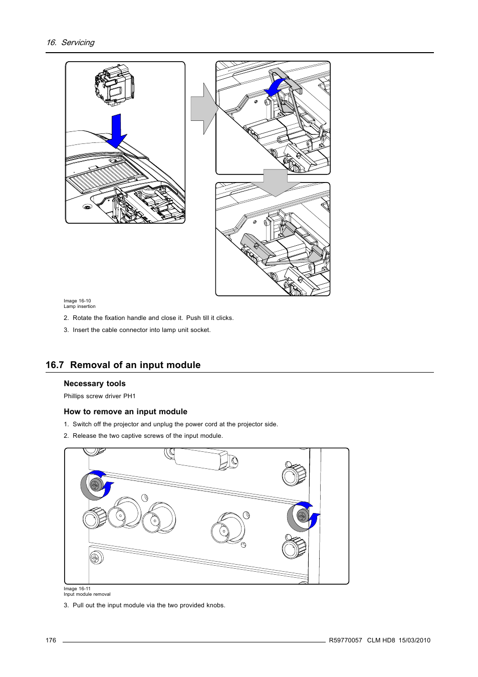 7 removal of an input module, Removal of an input module | Barco CLM HD8 R9050130 User Manual | Page 180 / 231