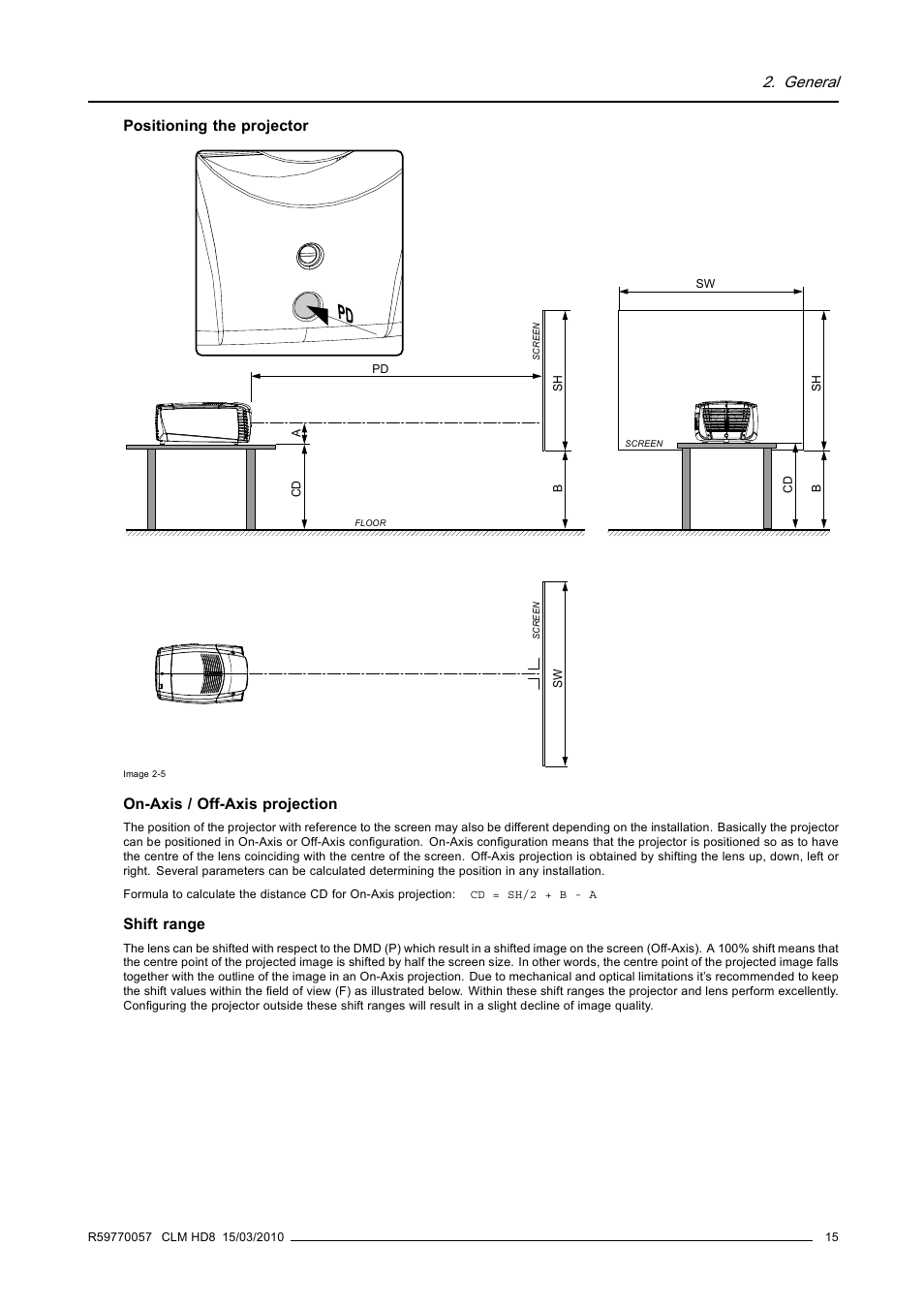 General, Positioning the projector, On-axis / off-axis projection | Shift range | Barco CLM HD8 R9050130 User Manual | Page 19 / 231