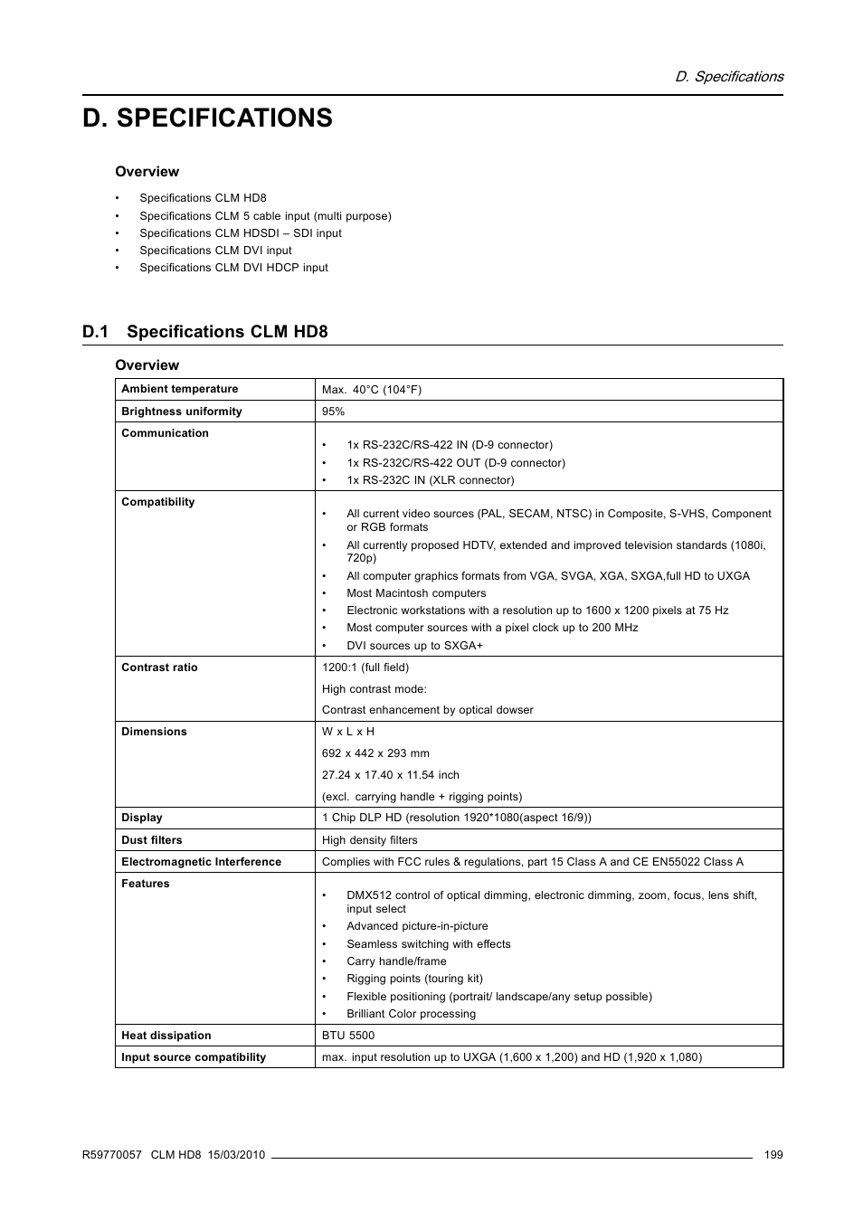 D. specifications, D.1 specifications clm hd8, Specifications clm hd8 | Barco CLM HD8 R9050130 User Manual | Page 203 / 231