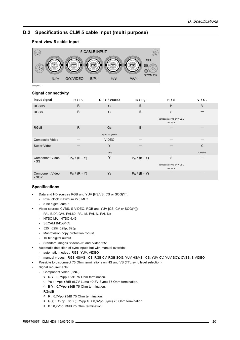 Specifications clm 5 cable input (multi purpose), D. specifications | Barco CLM HD8 R9050130 User Manual | Page 205 / 231
