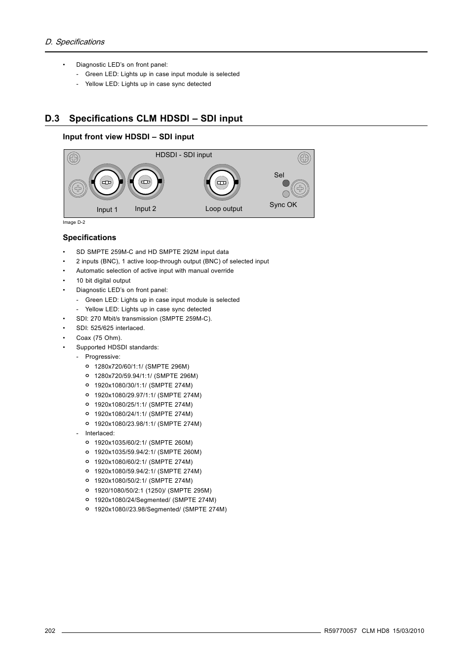 D.3 specifications clm hdsdi – sdi input, Specifications clm hdsdi – sdi input | Barco CLM HD8 R9050130 User Manual | Page 206 / 231