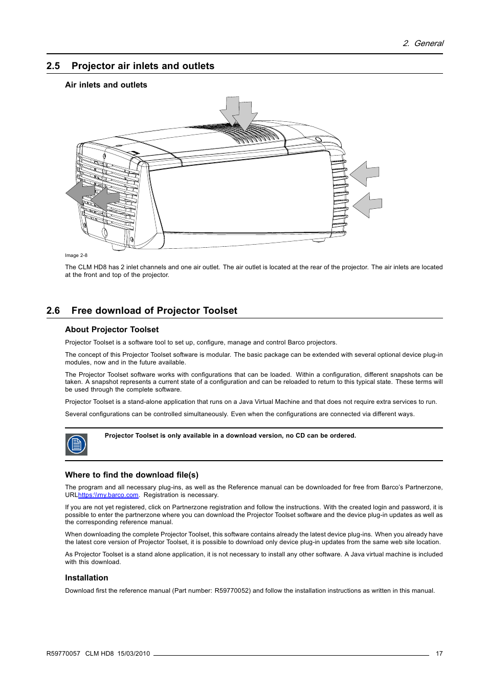 5 projector air inlets and outlets, 6 free download of projector toolset, Projector air inlets and outlets | Free download of projector toolset | Barco CLM HD8 R9050130 User Manual | Page 21 / 231