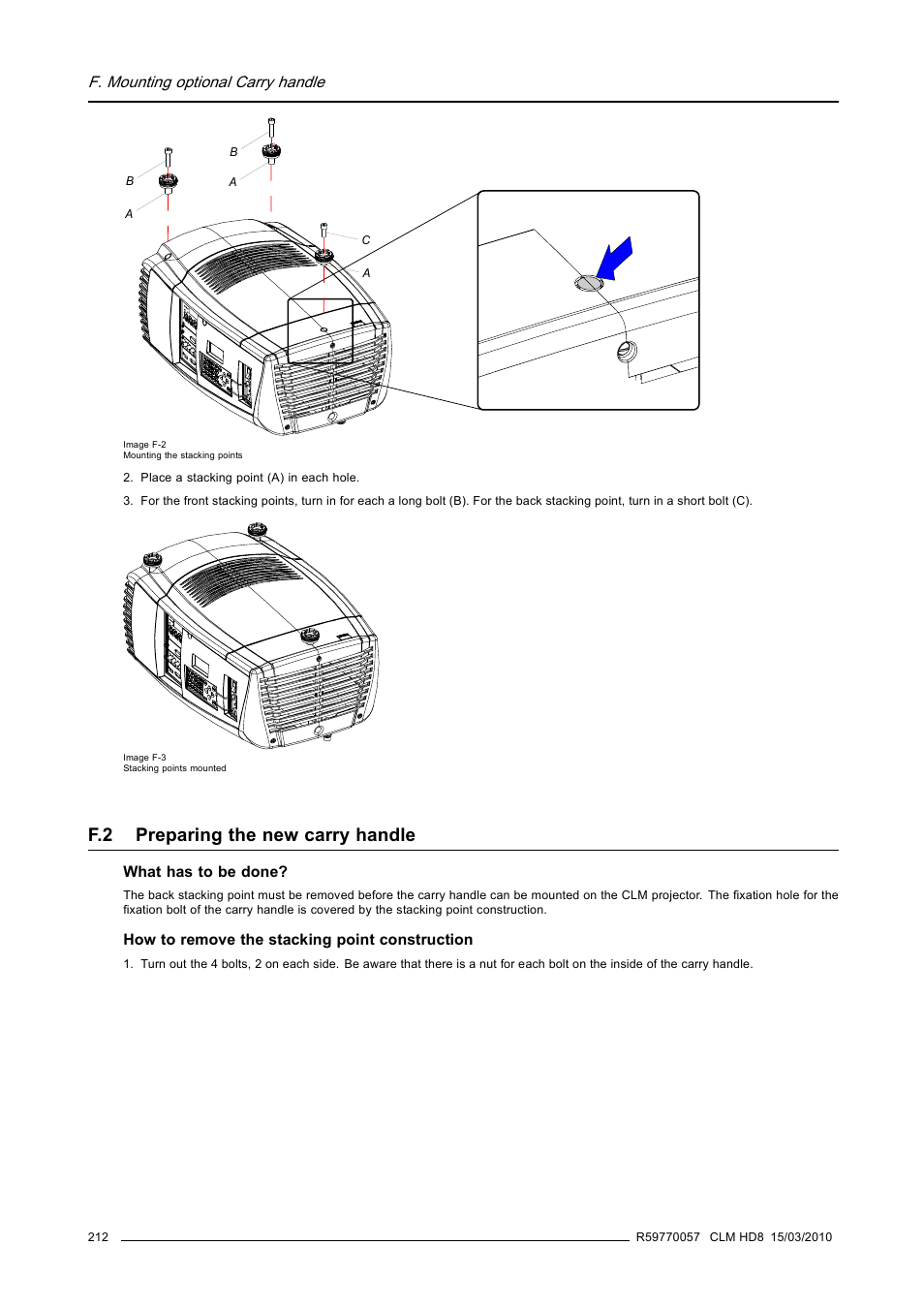 F.2 preparing the new carry handle, Preparing the new carry handle | Barco CLM HD8 R9050130 User Manual | Page 216 / 231