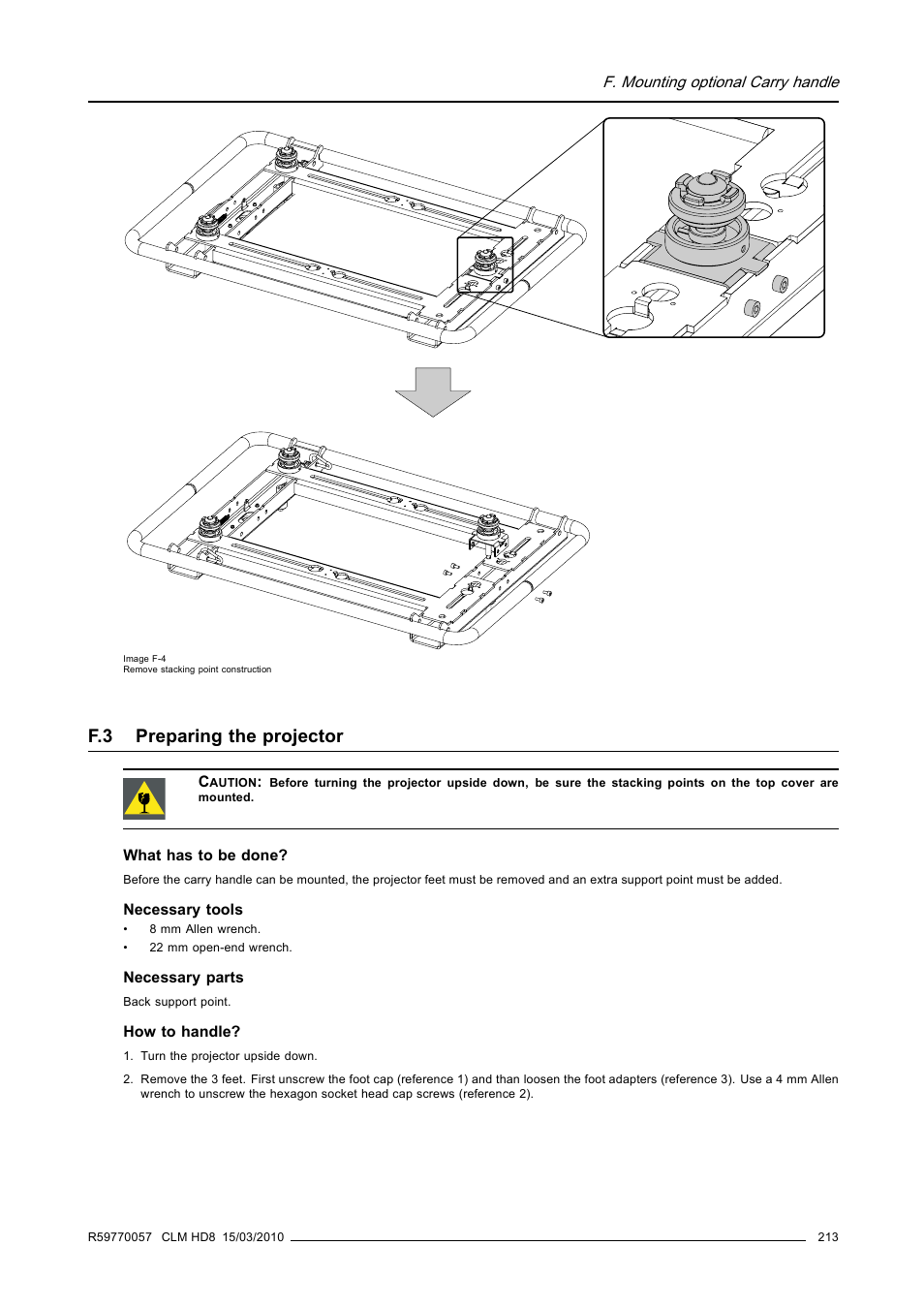 F.3 preparing the projector, Preparing the projector | Barco CLM HD8 R9050130 User Manual | Page 217 / 231