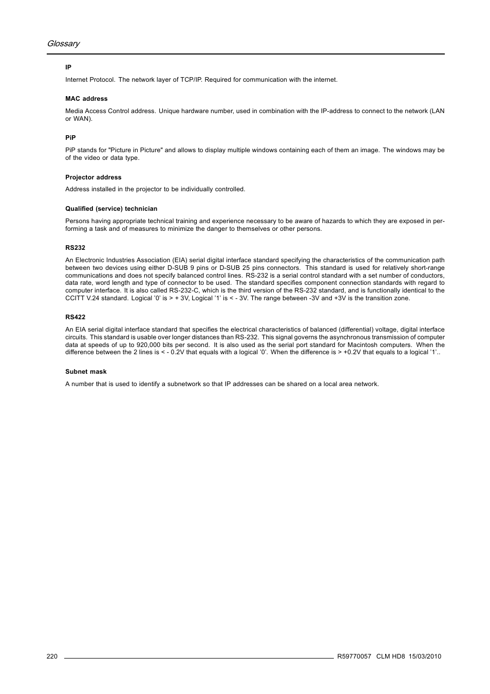 Glossary | Barco CLM HD8 R9050130 User Manual | Page 224 / 231