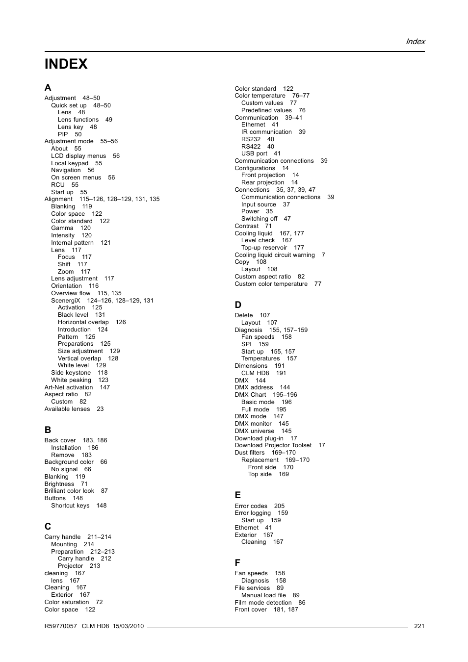 Index | Barco CLM HD8 R9050130 User Manual | Page 225 / 231