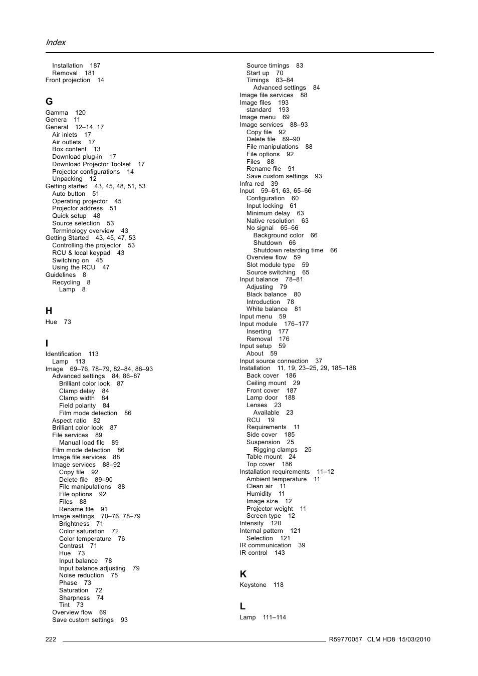 Index | Barco CLM HD8 R9050130 User Manual | Page 226 / 231