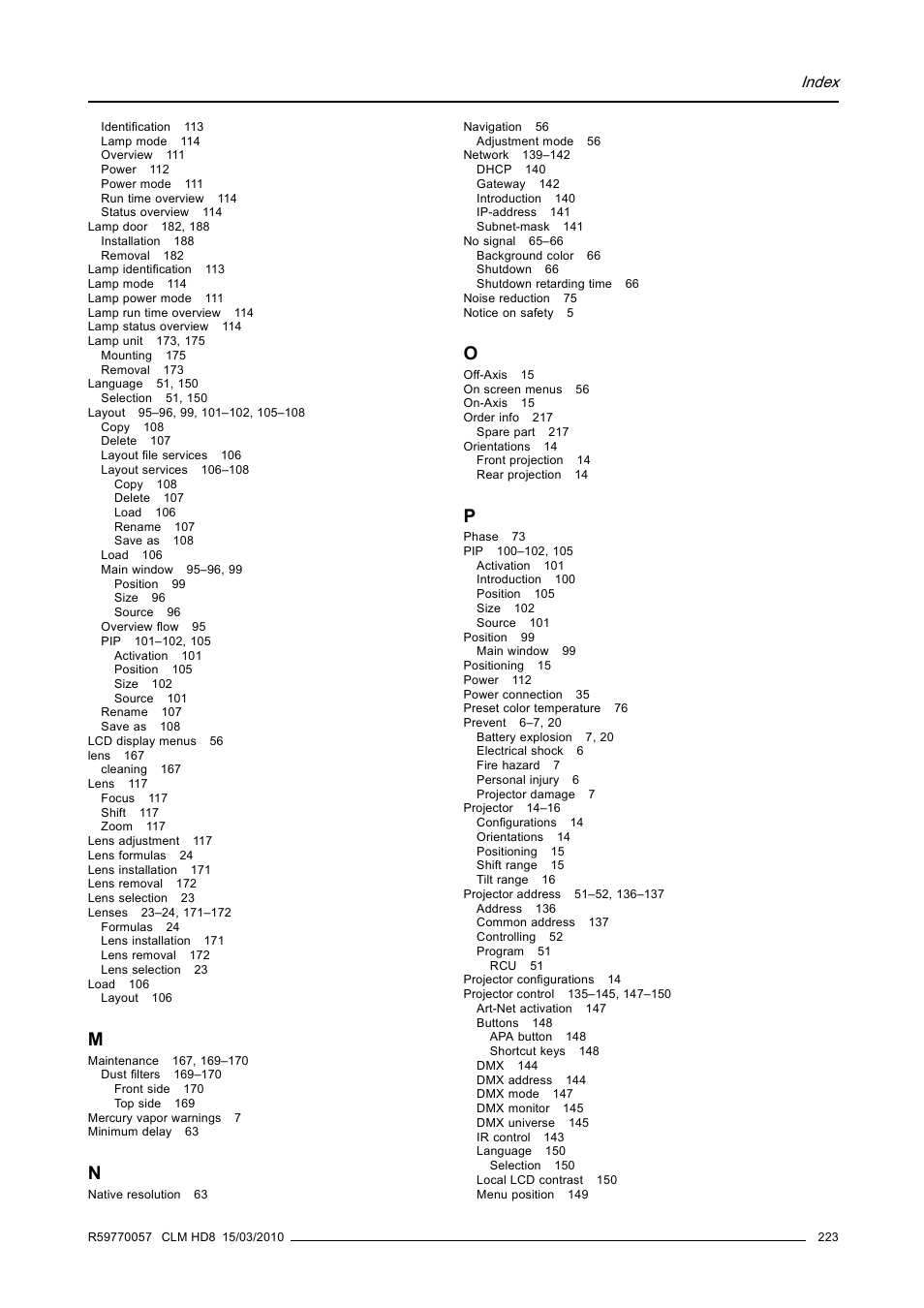Index | Barco CLM HD8 R9050130 User Manual | Page 227 / 231