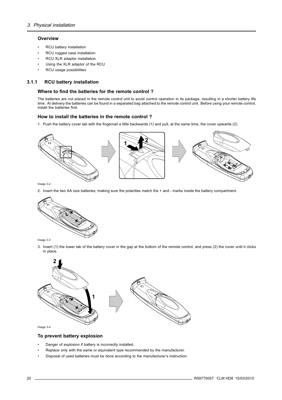1 rcu battery installation, Rcu battery installation | Barco CLM HD8 R9050130 User Manual | Page 24 / 231
