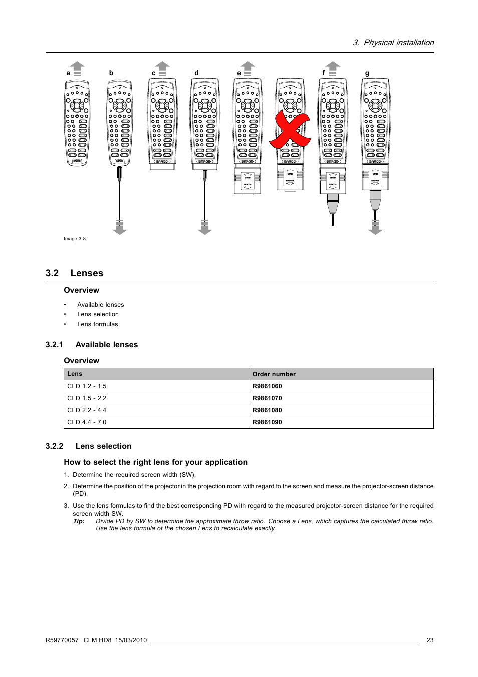 2 lenses, 1 available lenses, 2 lens selection | Lenses, Available lenses, Lens selection | Barco CLM HD8 R9050130 User Manual | Page 27 / 231