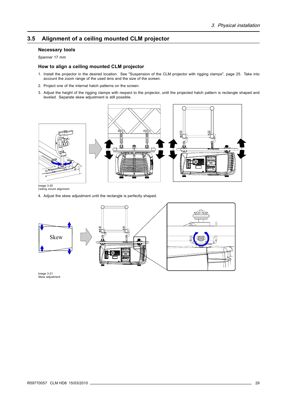 5 alignment of a ceiling mounted clm projector, Alignment of a ceiling mounted clm projector, Skew | Barco CLM HD8 R9050130 User Manual | Page 33 / 231