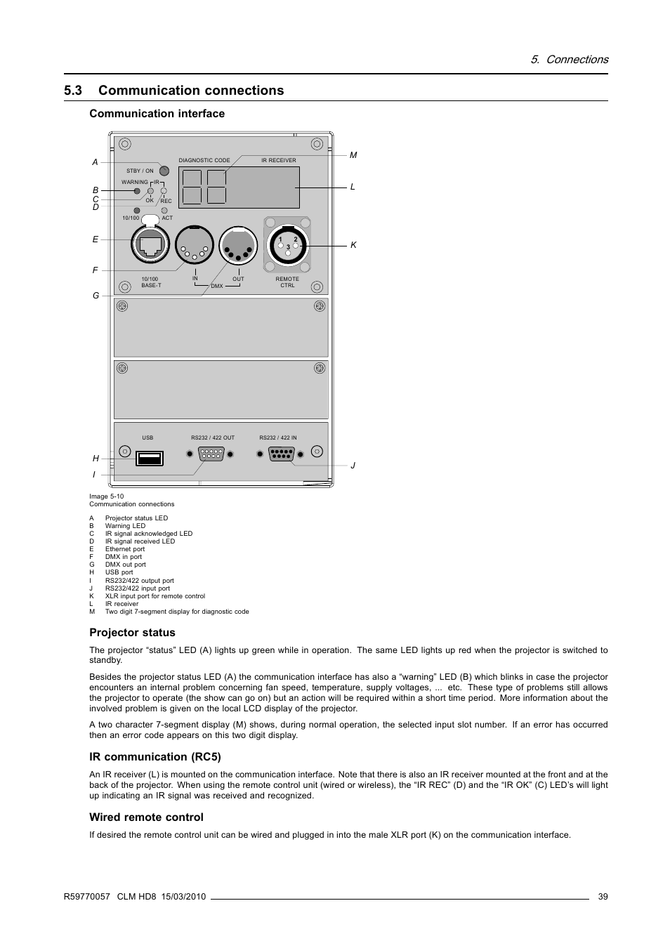 3 communication connections, Communication connections, Connections | Communication interface, Projector status, Ir communication (rc5), Wired remote control | Barco CLM HD8 R9050130 User Manual | Page 43 / 231