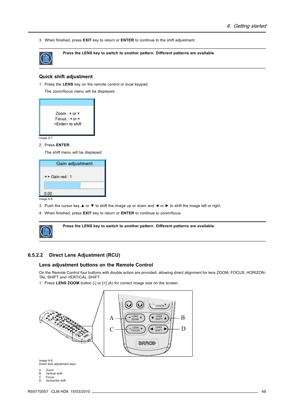 2 direct lens adjustment (rcu), Direct lens adjustment (rcu), Ac b d | Getting started, Quick shift adjustment | Barco CLM HD8 R9050130 User Manual | Page 53 / 231