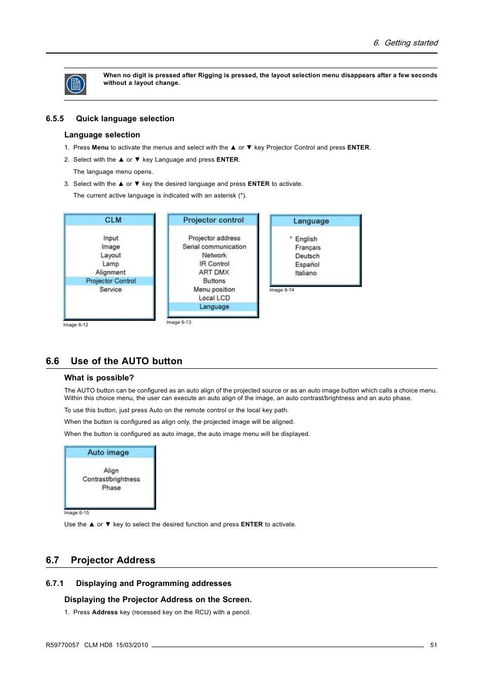 5 quick language selection, 6 use of the auto button, 7 projector address | 1 displaying and programming addresses, Quick language selection, Use of the auto button, Projector address, Displaying and programming addresses | Barco CLM HD8 R9050130 User Manual | Page 55 / 231