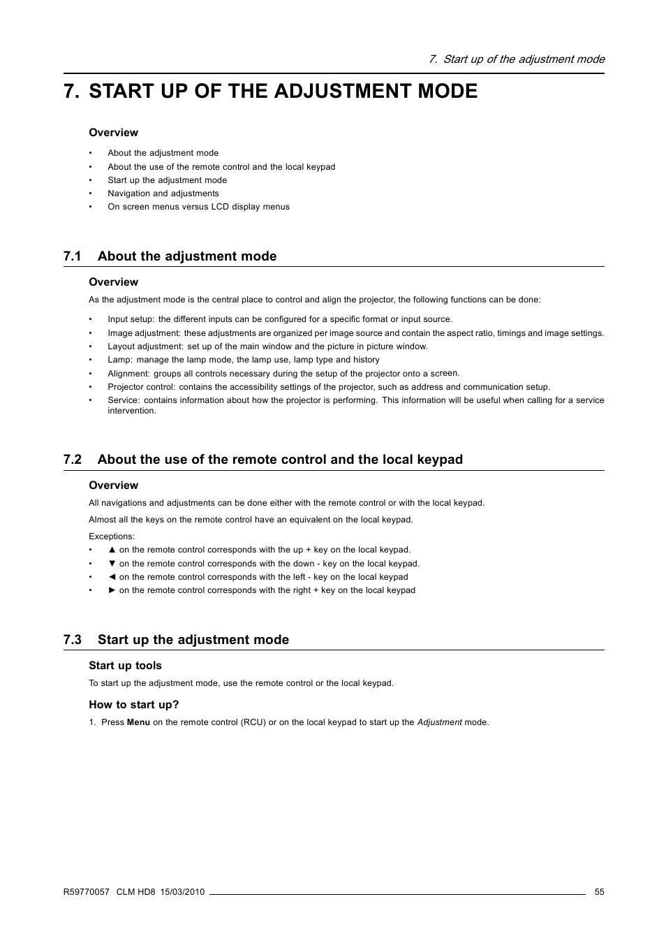 Start up of the adjustment mode, 1 about the adjustment mode, 3 start up the adjustment mode | About the adjustment mode, Start up the adjustment mode | Barco CLM HD8 R9050130 User Manual | Page 59 / 231