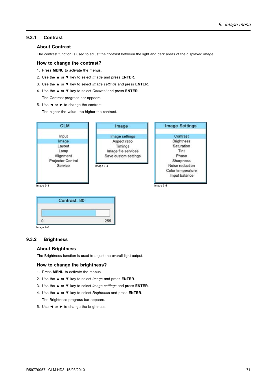 1 contrast, 2 brightness, Contrast | Brightness, Image menu | Barco CLM HD8 R9050130 User Manual | Page 75 / 231