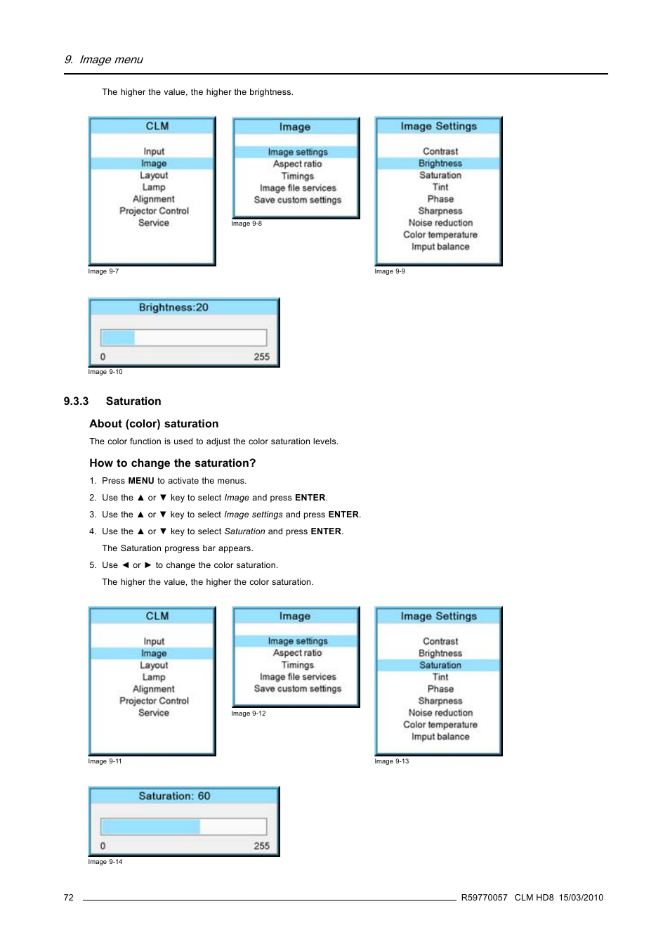 3 saturation, Saturation, Image menu | Barco CLM HD8 R9050130 User Manual | Page 76 / 231