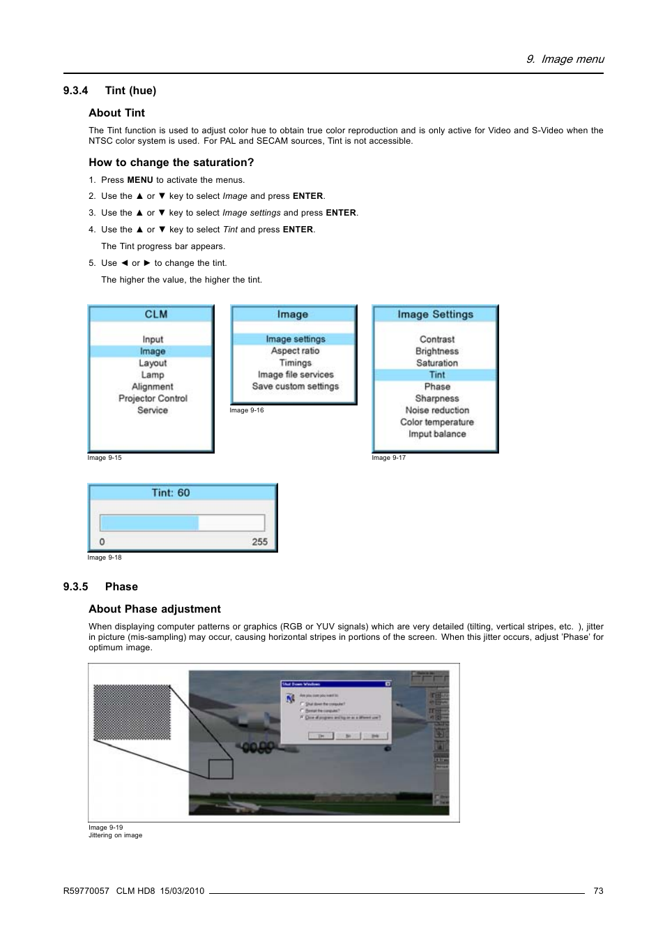 4 tint (hue), 5 phase, Tint (hue) | Phase, Image menu | Barco CLM HD8 R9050130 User Manual | Page 77 / 231