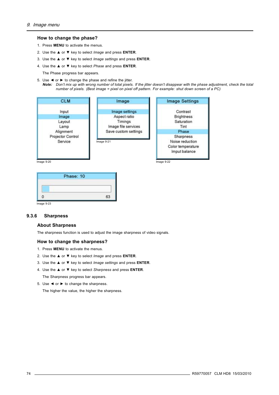 6 sharpness, Sharpness, Image menu | Barco CLM HD8 R9050130 User Manual | Page 78 / 231