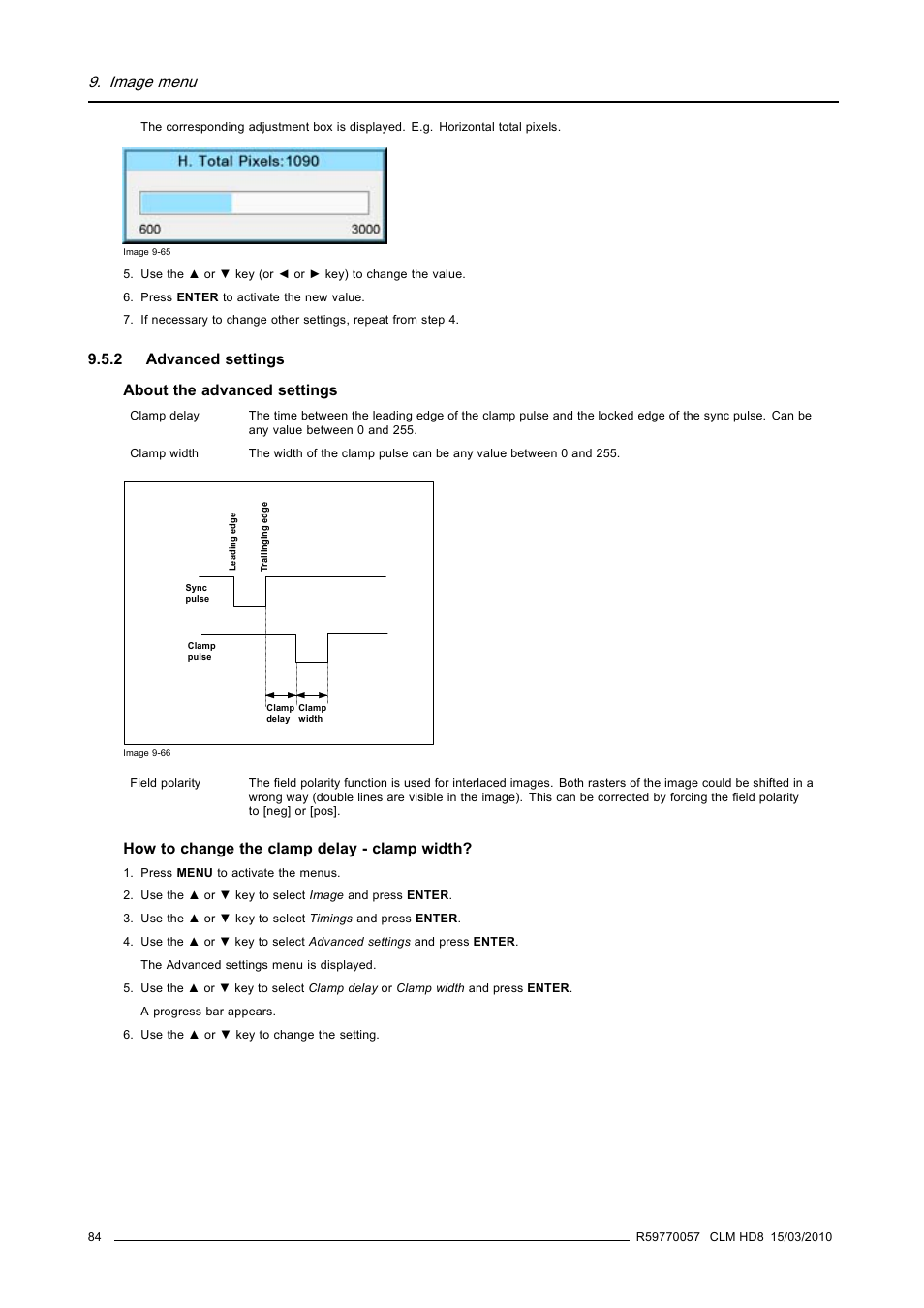 2 advanced settings, Advanced settings, Image menu | 2 advanced settings about the advanced settings, How to change the clamp delay - clamp width | Barco CLM HD8 R9050130 User Manual | Page 88 / 231