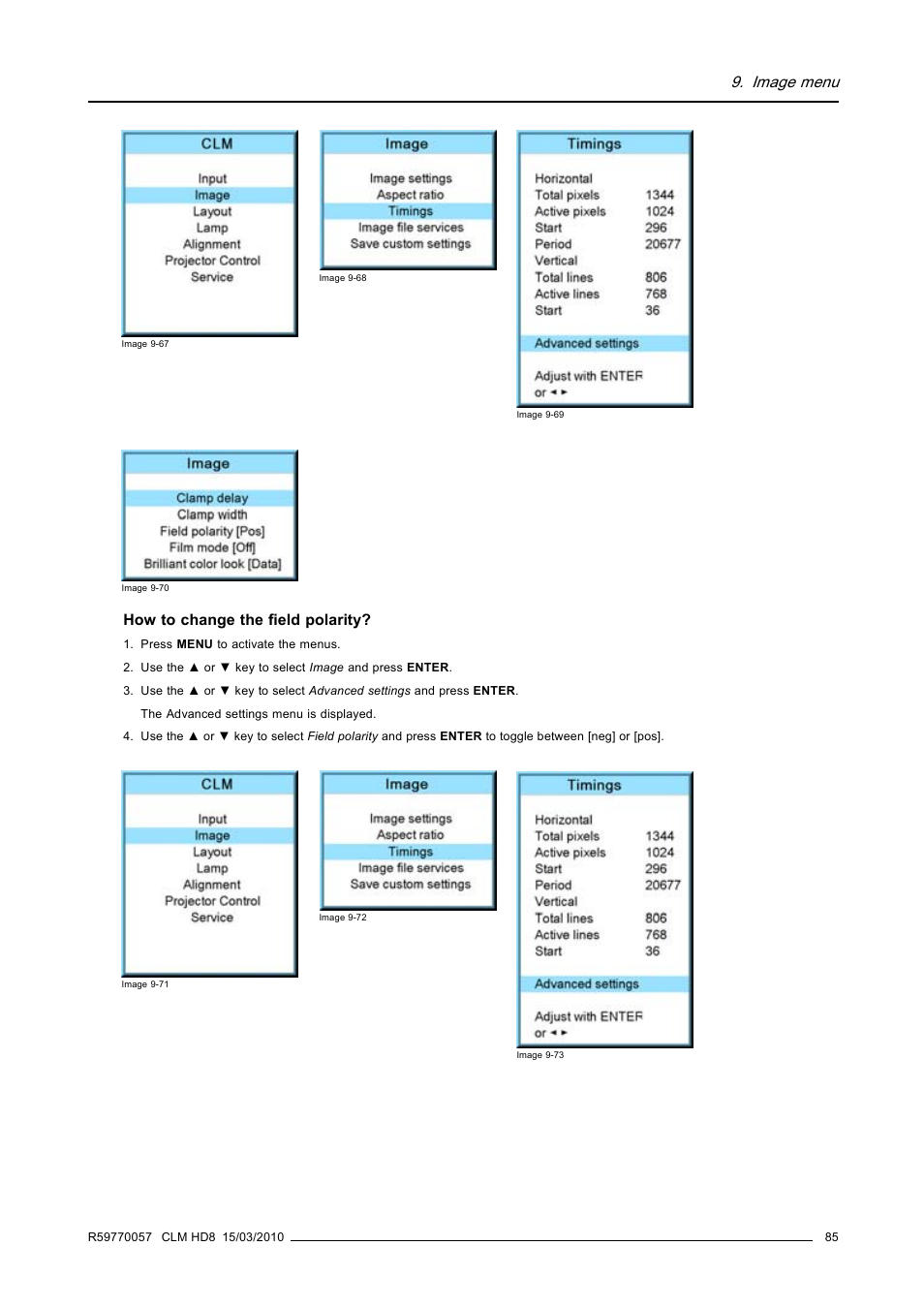 Image menu, How to change the field polarity | Barco CLM HD8 R9050130 User Manual | Page 89 / 231