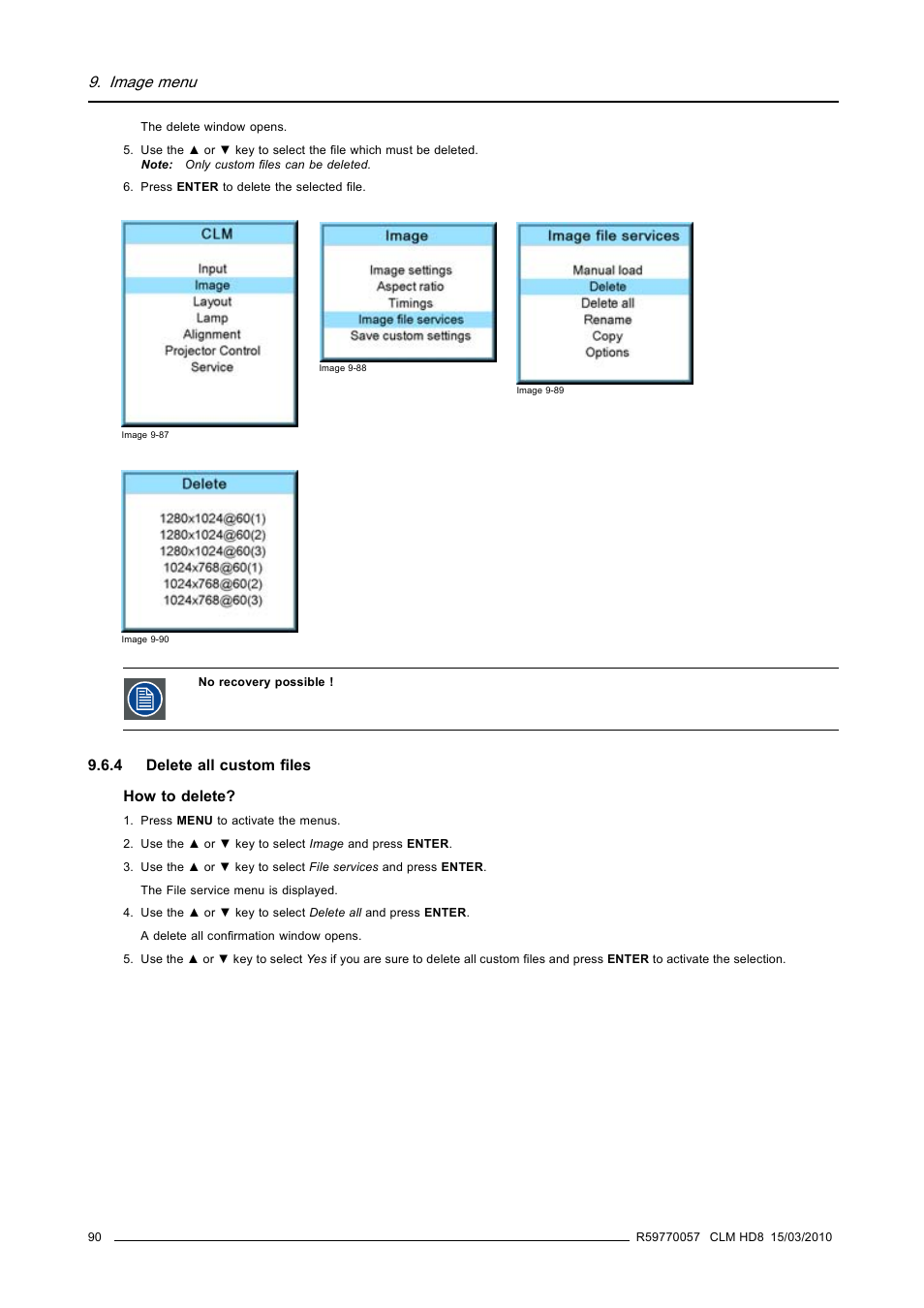 4 delete all custom files, Delete all custom files, Image menu | Barco CLM HD8 R9050130 User Manual | Page 94 / 231