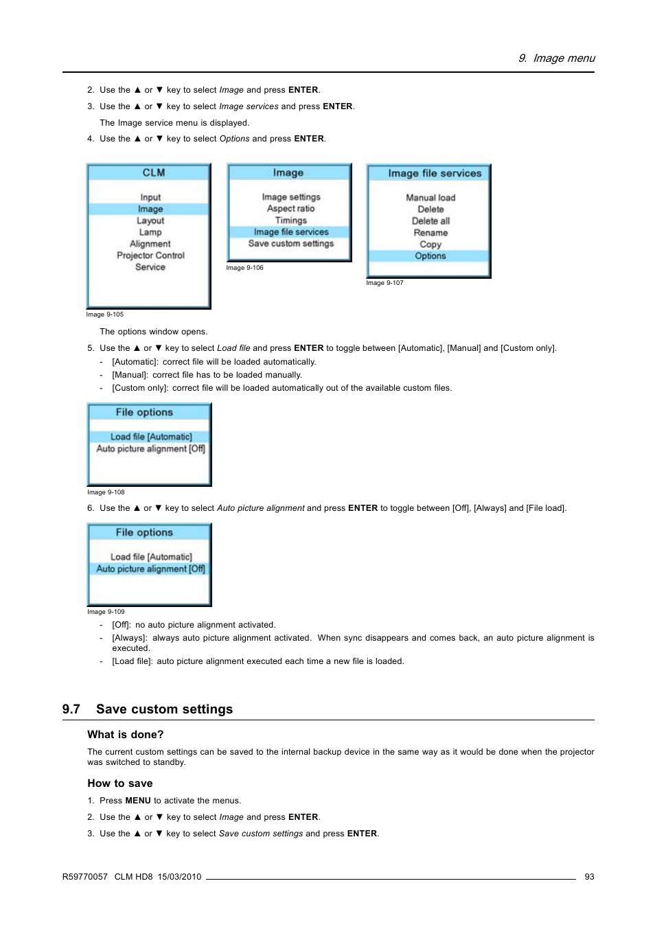 7 save custom settings, Save custom settings, Image menu | Barco CLM HD8 R9050130 User Manual | Page 97 / 231