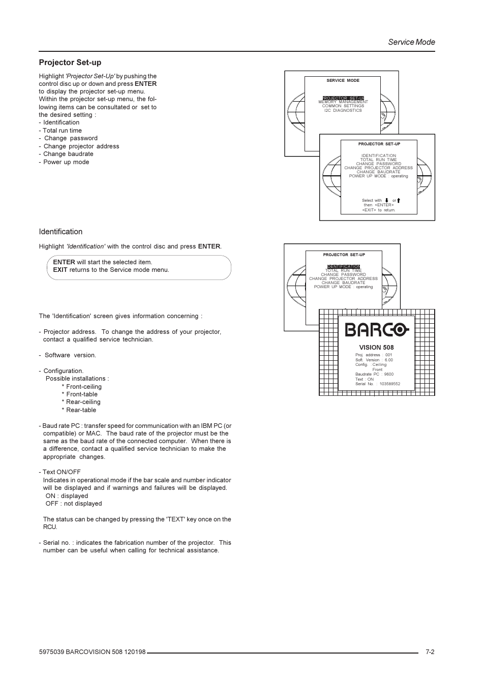 Service mode, Projector set-up, Identification | Barco R9002139 User Manual | Page 35 / 50