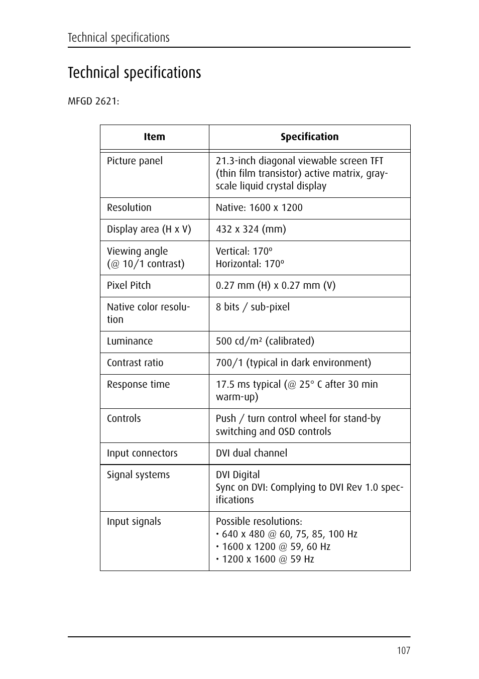 Technical specifications | Barco CORONIS MFGD 3621 User Manual | Page 107 / 119