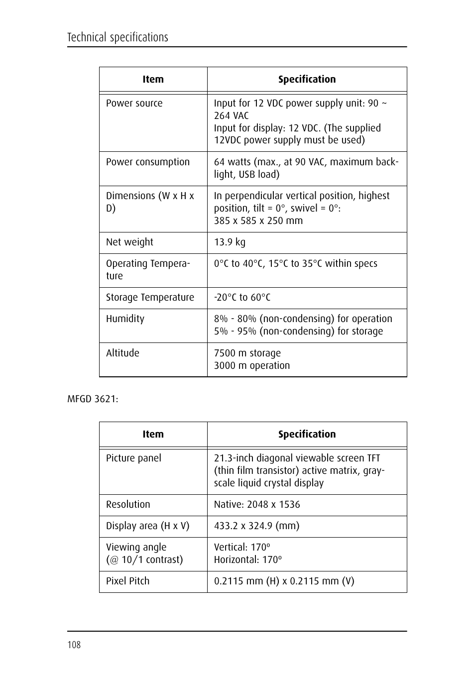Technical specifications | Barco CORONIS MFGD 3621 User Manual | Page 108 / 119
